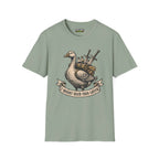 I might need this later T-Shirt in sage featuring a duck with backpacks and swords graphic design.