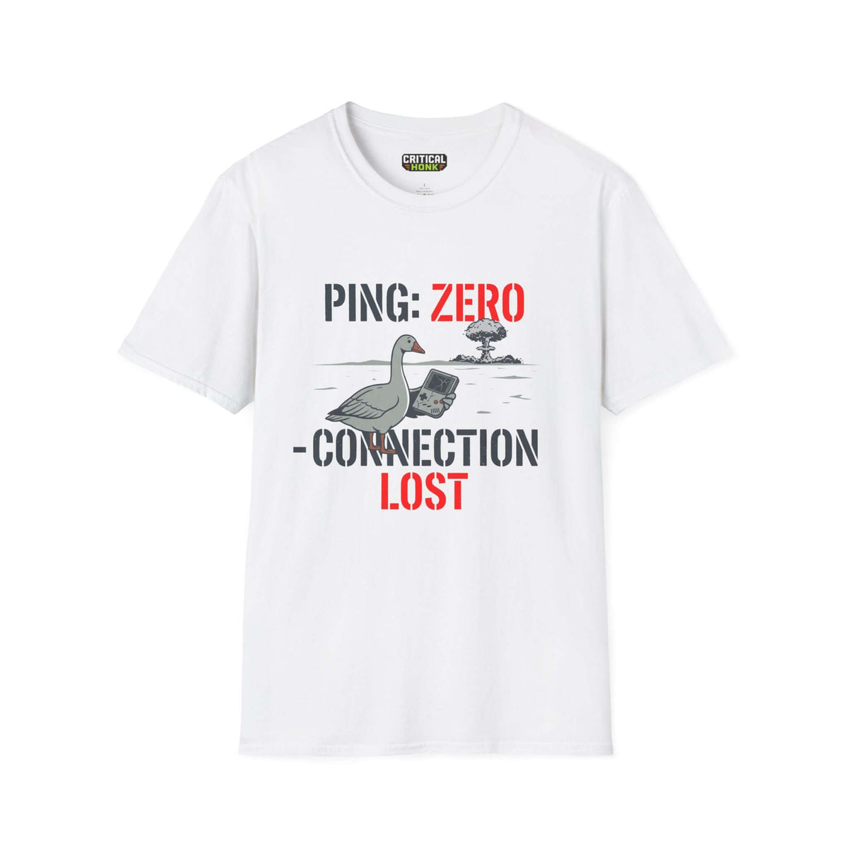 Ping zero T-Shirt featuring a graphic of a goose with a game device on a white Gildan Softstyle tee, perfect for gamers.