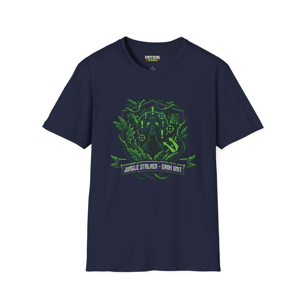 Gank unit T-Shirt in navy featuring the Jungle Stalker design, made from 100% ring-spun cotton, soft and lightweight.