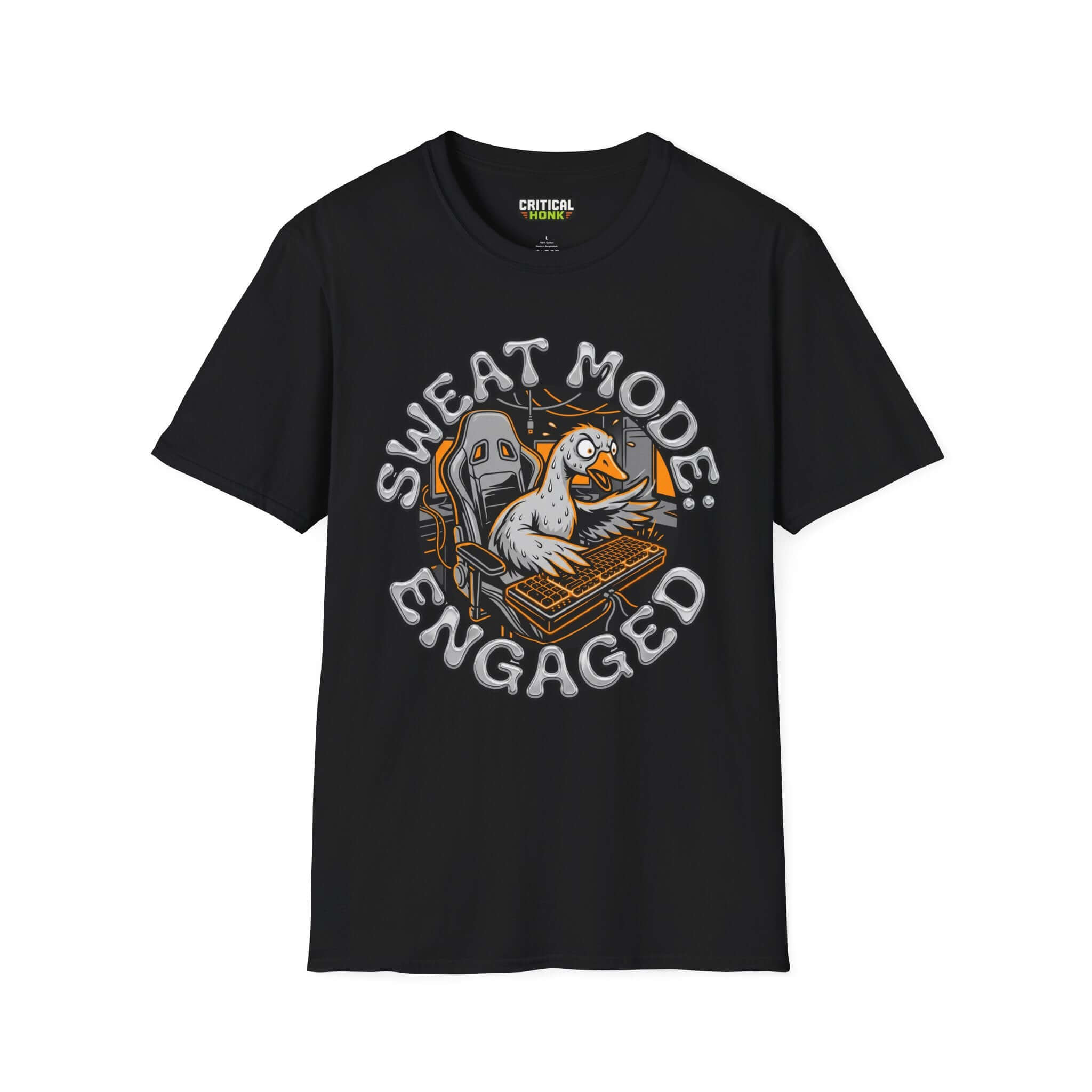 Sweat mode engaged T-Shirt in black featuring a graphic of a duck at a gaming setup, softstyle unisex fit.