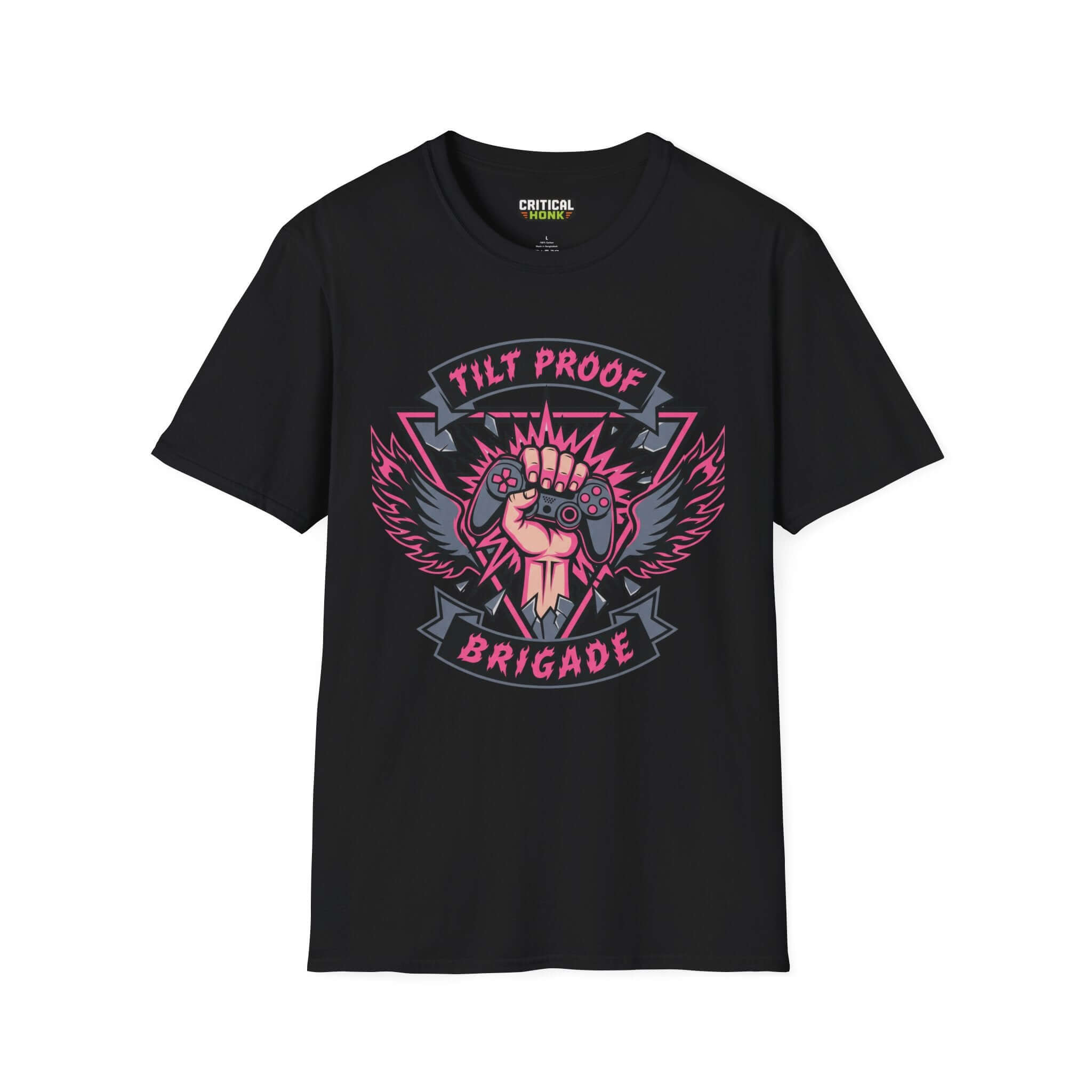 Proof brigade T-Shirt black Gildan Softstyle unisex gamer apparel with playful tilt proof graphic.