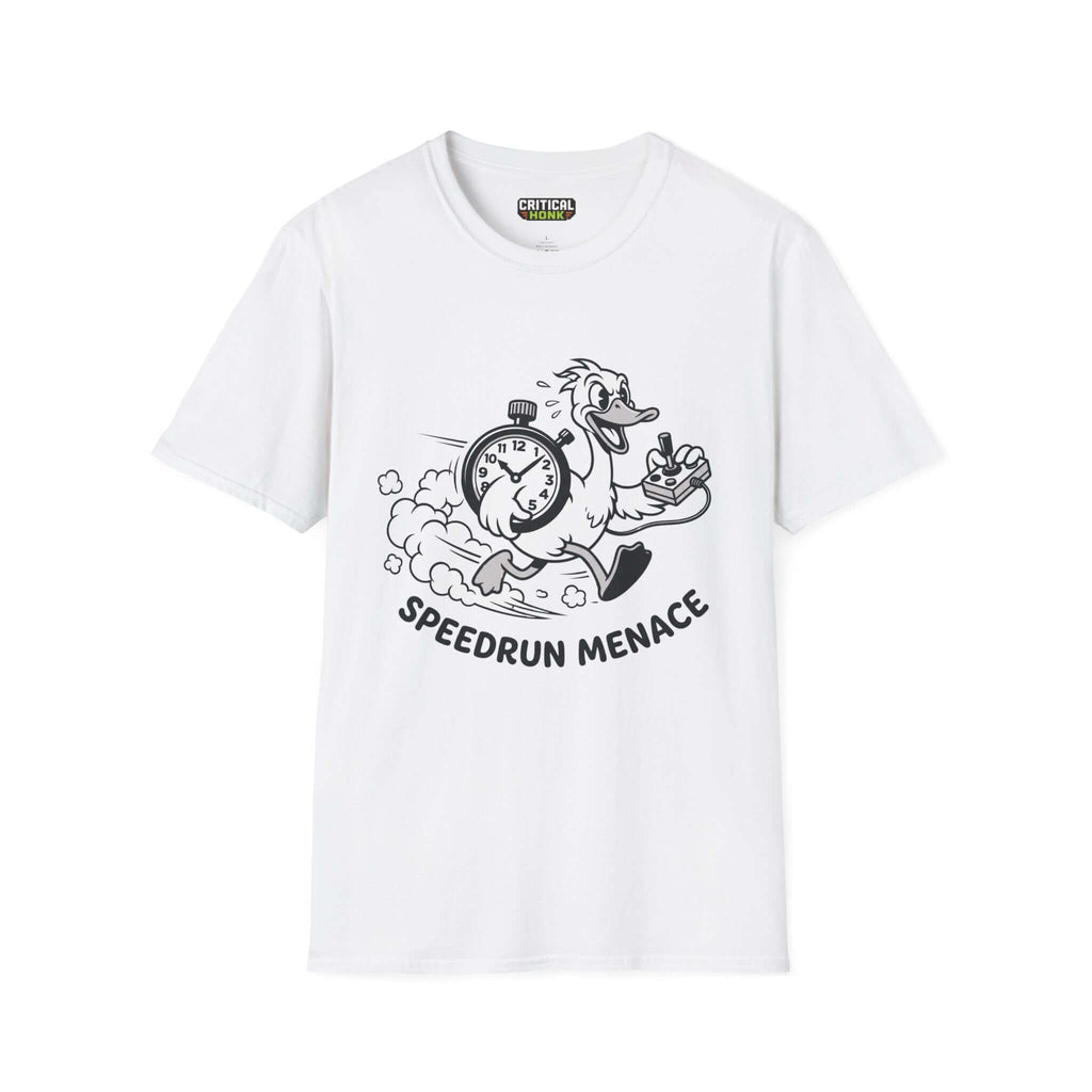 Speedrun menace T-Shirt in white featuring a cartoon duck with a stopwatch, part of the Critical Honk Collection.
