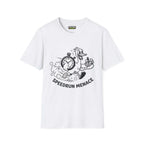 Speedrun menace T-Shirt in white featuring a cartoon duck with a stopwatch, part of the Critical Honk Collection.