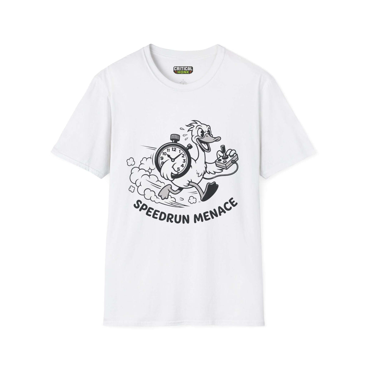 Speedrun menace T-Shirt in white featuring a cartoon duck with a stopwatch, part of the Critical Honk Collection.
