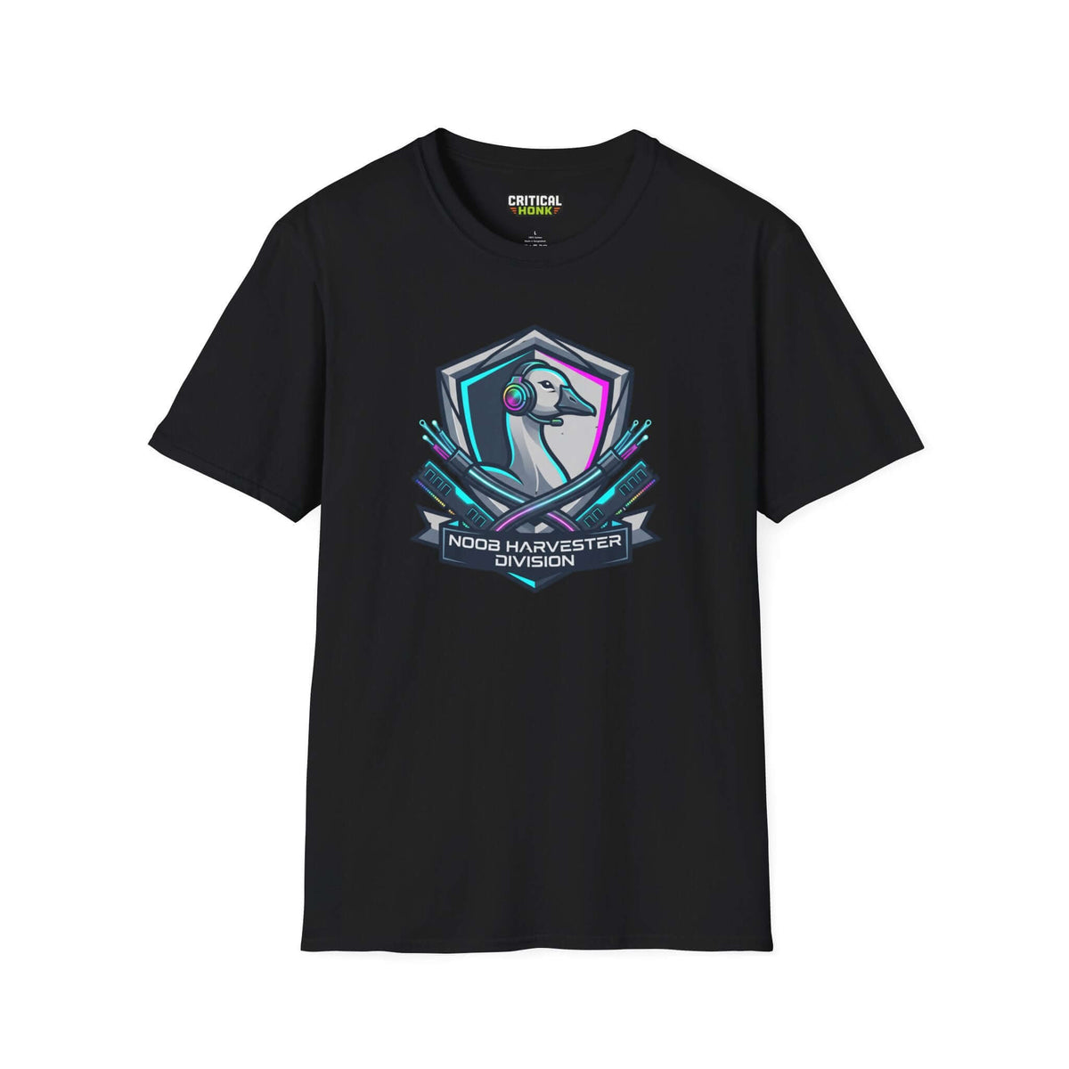 Noob harvester T-Shirt in black featuring a graphic design from Critical Honk's Chaos Inspired Collection.