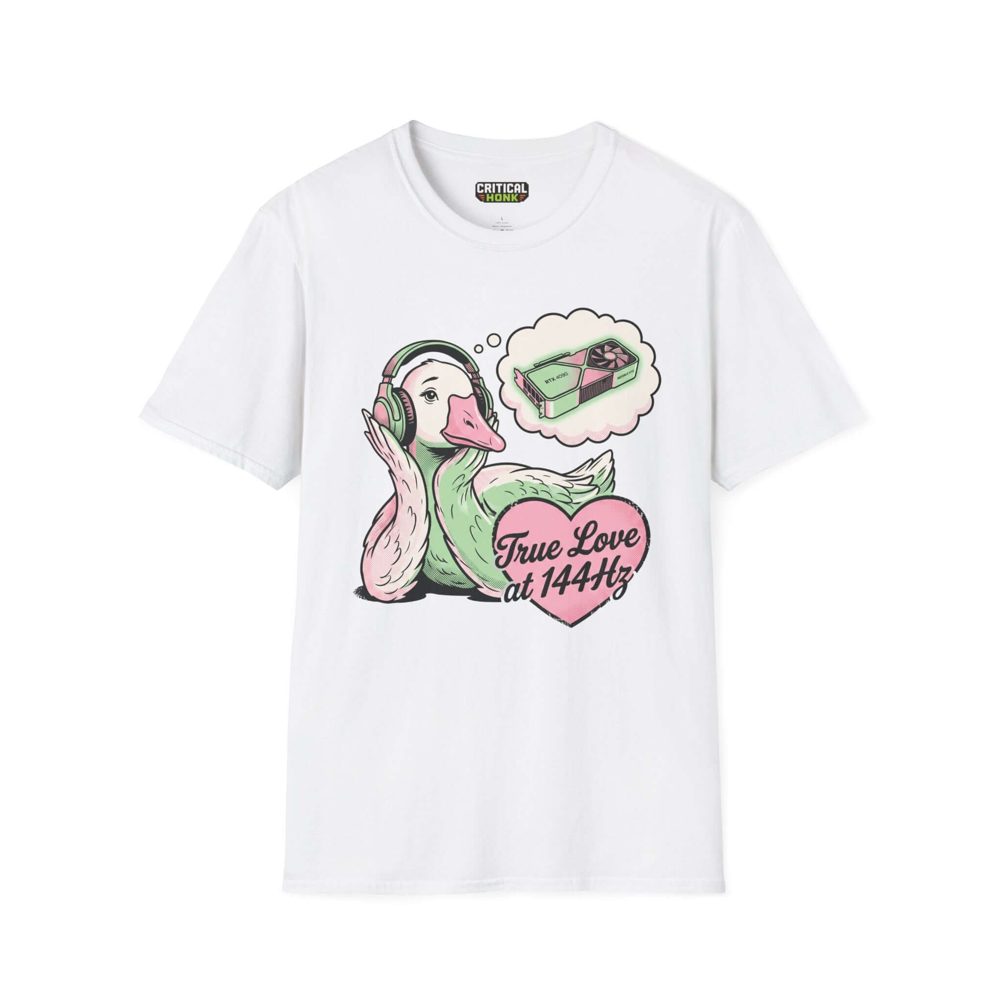 True love T-Shirt featuring a graphic of a duck with headphones, printed on a white Gildan Softstyle shirt.