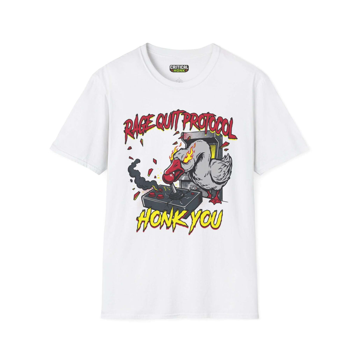 Honk you T-Shirt featuring a duck on a gaming controller with flame graphics, in white color, made from 100% cotton.