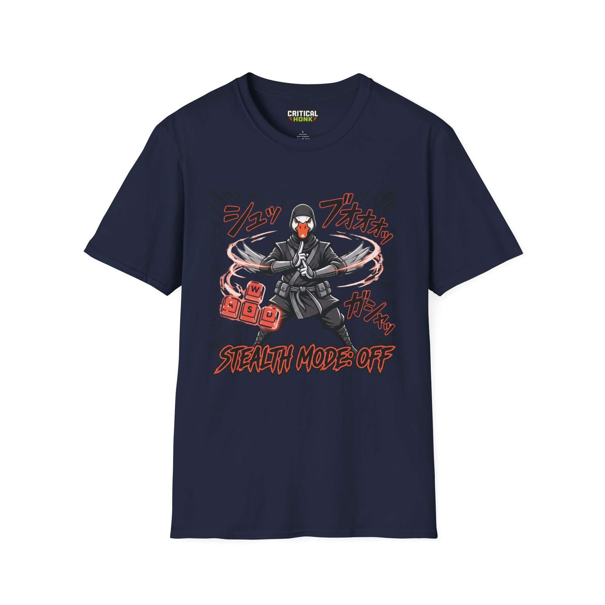 Stealth mode off T-Shirt in navy featuring a graphic design by Chaos Inspired Apparel, made of 100% ring-spun cotton.