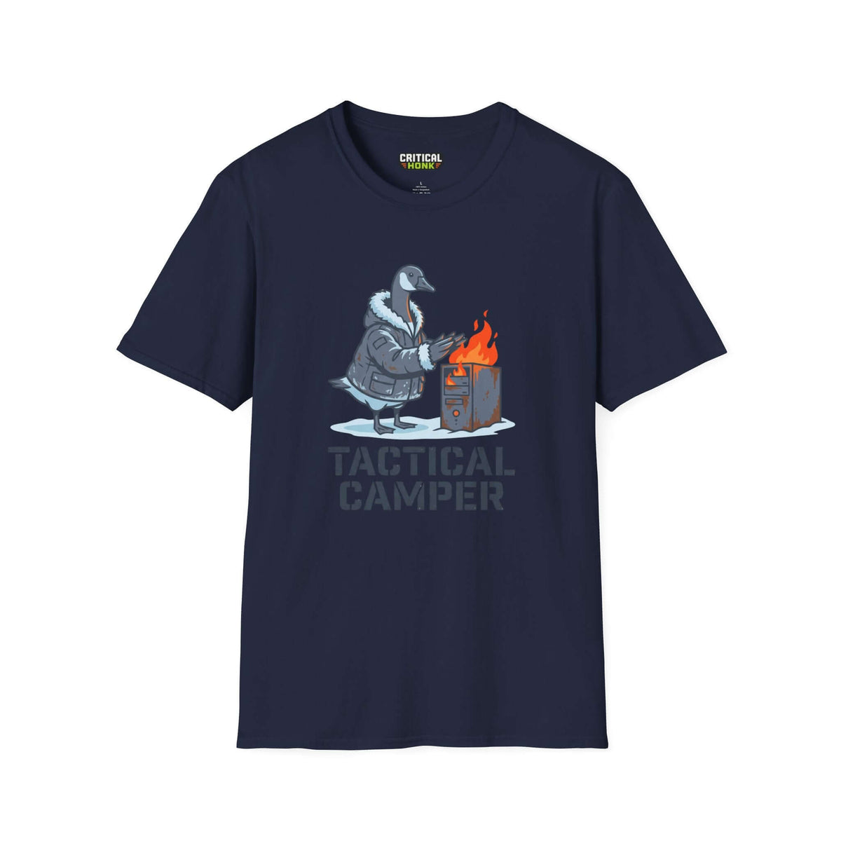 Tactical camper T-Shirt featuring a cartoon goose by Critical Honk in navy color, perfect for camping enthusiasts.