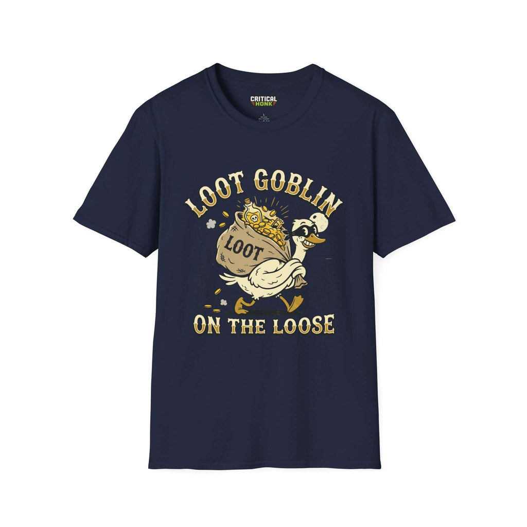 Loot Goblin T-Shirt in navy featuring a cartoon character carrying a loot bag, part of the Critical Honk Collection.