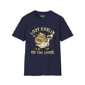Loot Goblin T-Shirt in navy featuring a cartoon character carrying a loot bag, part of the Critical Honk Collection.