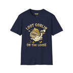 Loot Goblin T-Shirt in navy featuring a cartoon character carrying a loot bag, part of the Critical Honk Collection.