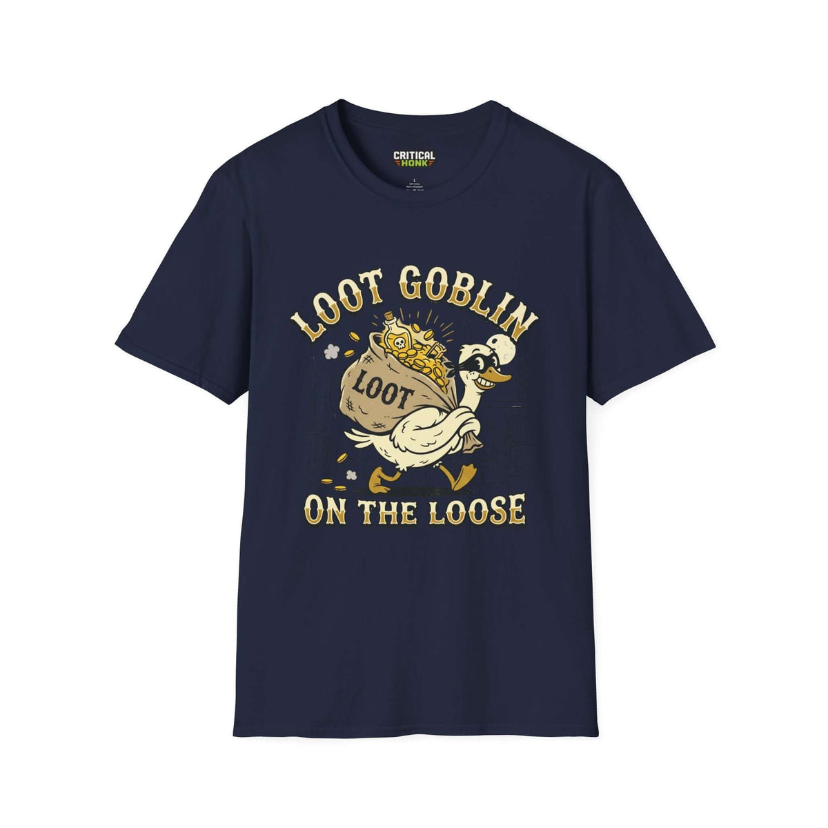 Loot Goblin T-Shirt in navy featuring a cartoon character carrying a loot bag, part of the Critical Honk Collection.