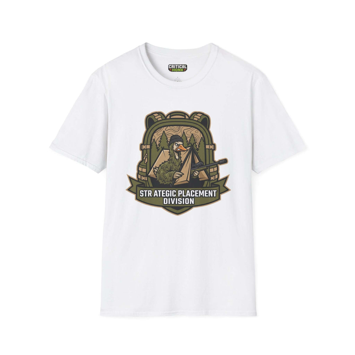 Strategic division T-Shirt featuring the STRATEGIC PLACEMENT DIVISION logo on a white Gildan Softstyle T-shirt.