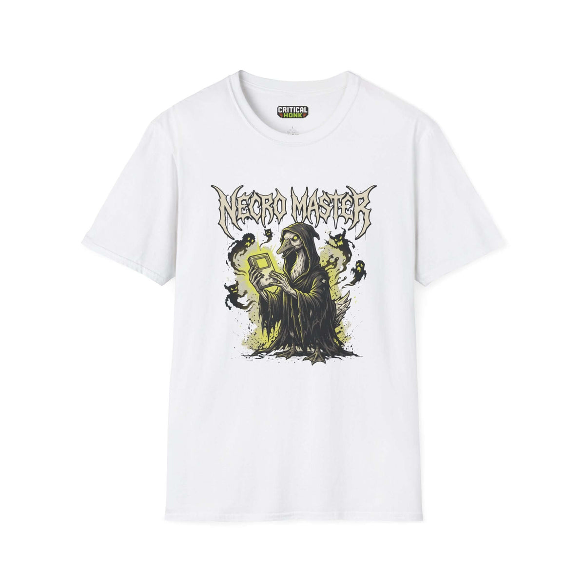 Necro master T-Shirt featuring a unique design on a white Gildan Softstyle shirt, part of the Critical Honk Collection.