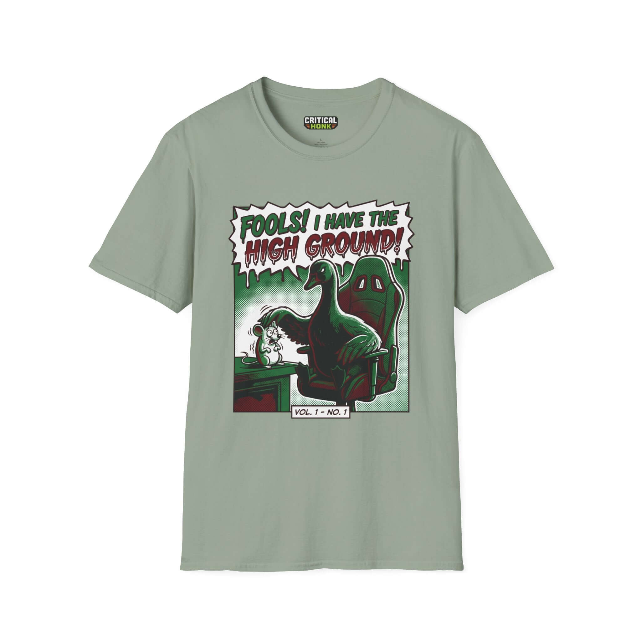 High ground T-Shirt in sage with comic design featuring a dinosaur and text Fools! I Have the High Ground!