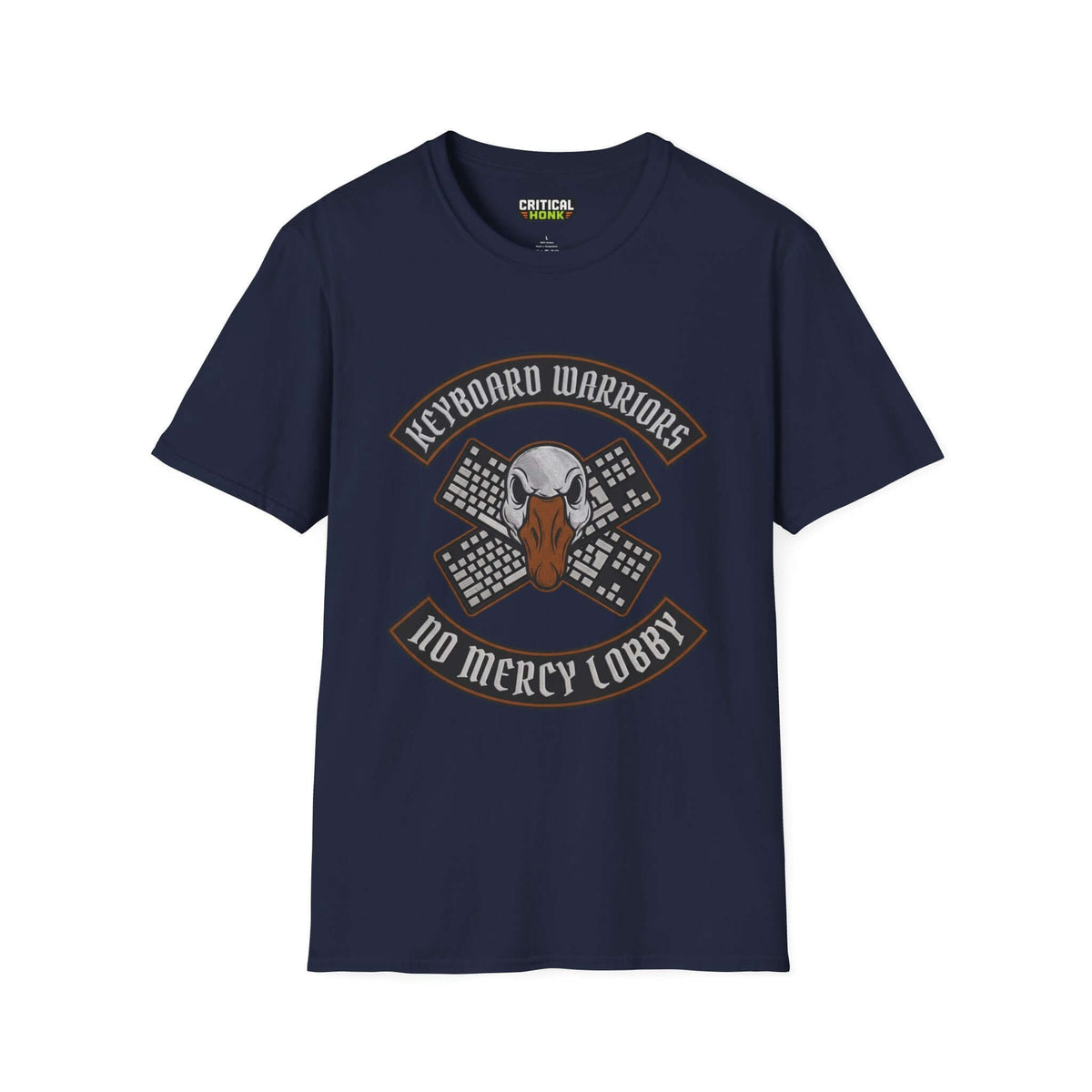 Keyboard-warriors T-Shirt featuring a bold design on a navy Gildan Softstyle tee, part of the Critical Honk Collection.