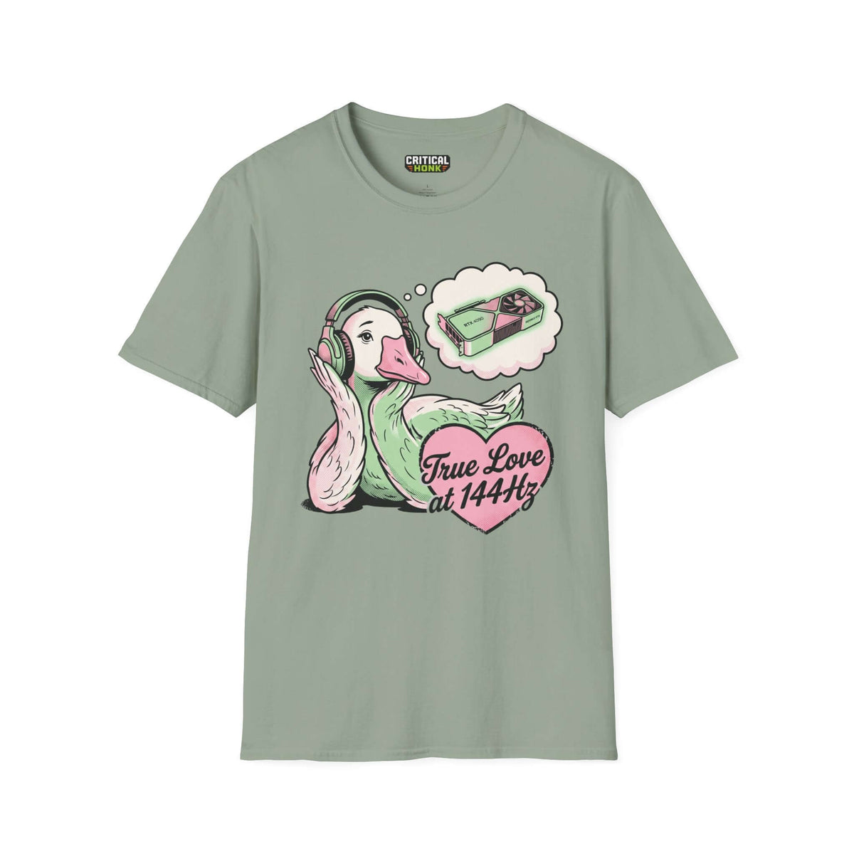 True love T-Shirt featuring a duck with headphones, light sage color, 100% cotton, Critical Honk collection.