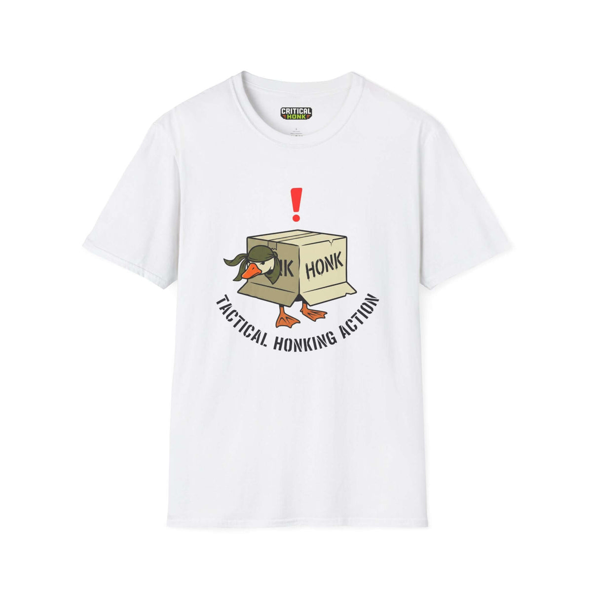 tactical honking action T-Shirt featuring a cartoon duck with a box on a white background