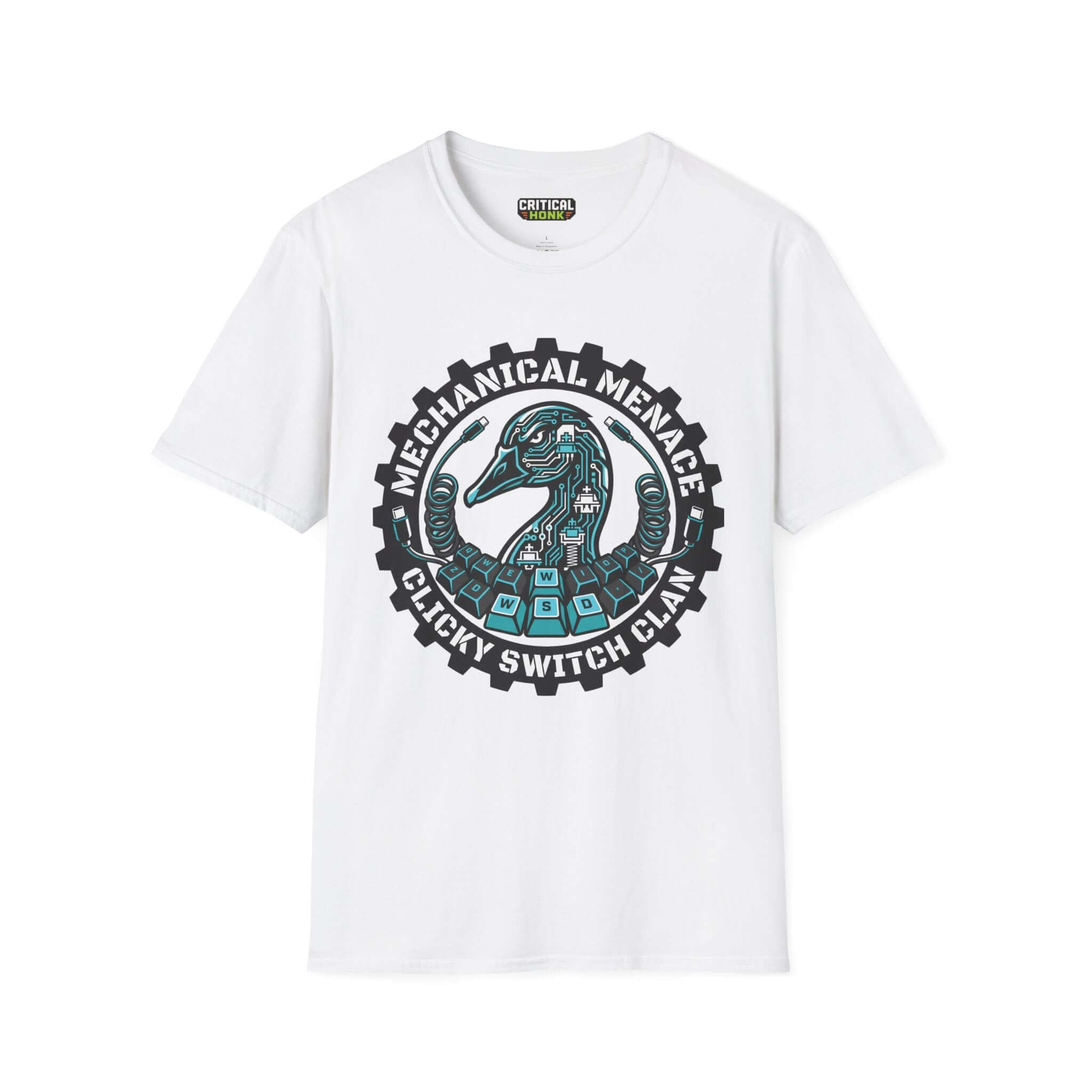 Mechanical menace T-Shirt featuring a unique graphic on a white Gildan Softstyle fabric.