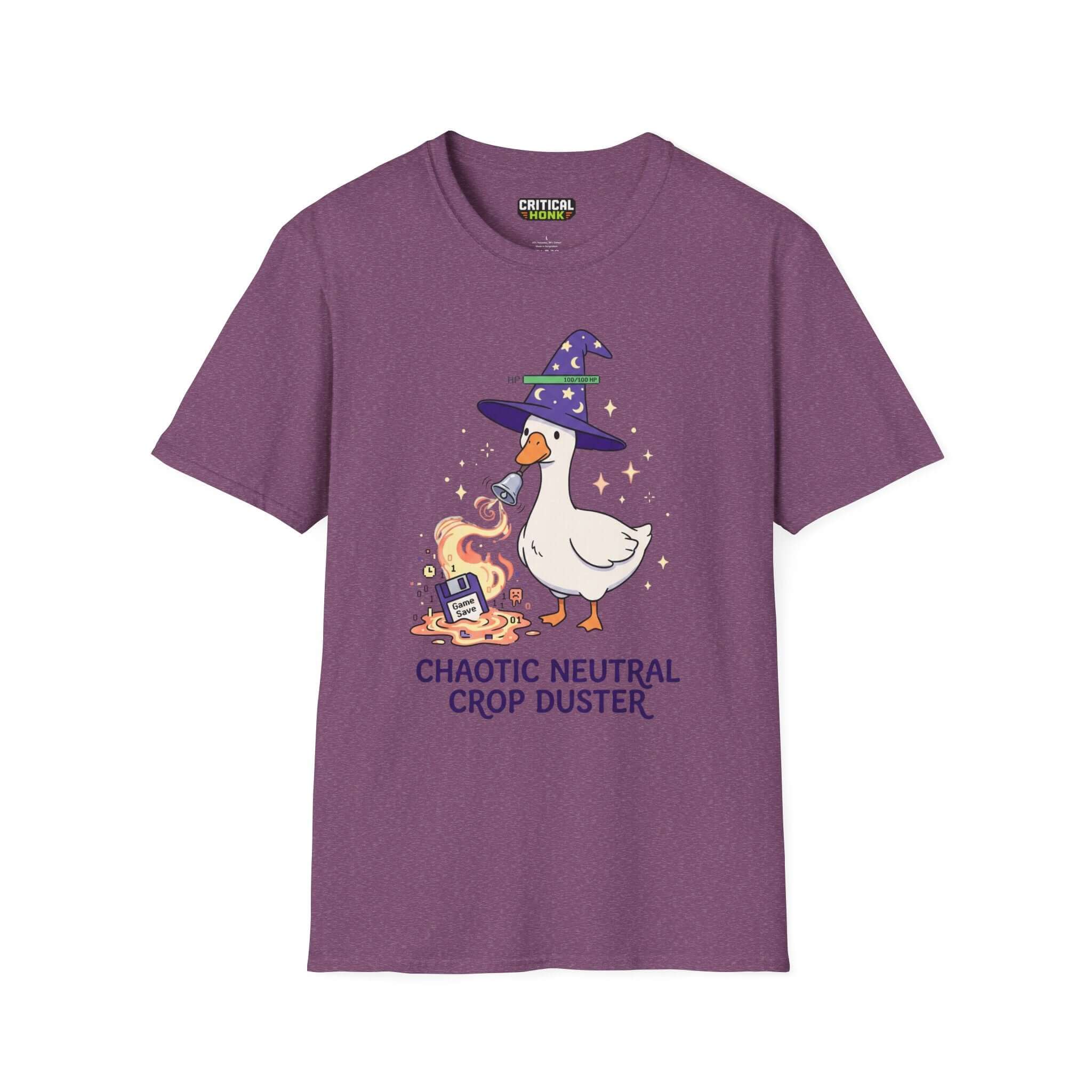 Caotic neutral T-Shirt in Heather Maroon featuring a whimsical duck design from Critical Honk Collection.