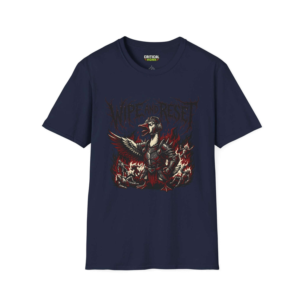 Wipe and reset T-Shirt in navy featuring a graphic design of a duck in armor, part of the Critical Honk Collection.