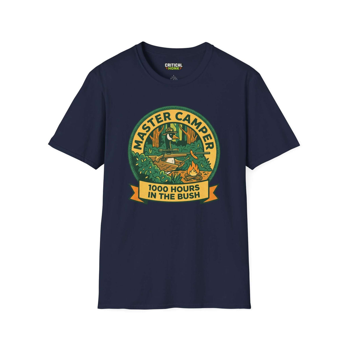 Master-camper T-Shirt in navy blue featuring camping graphic and slogan '1000 Hours in the Bush'