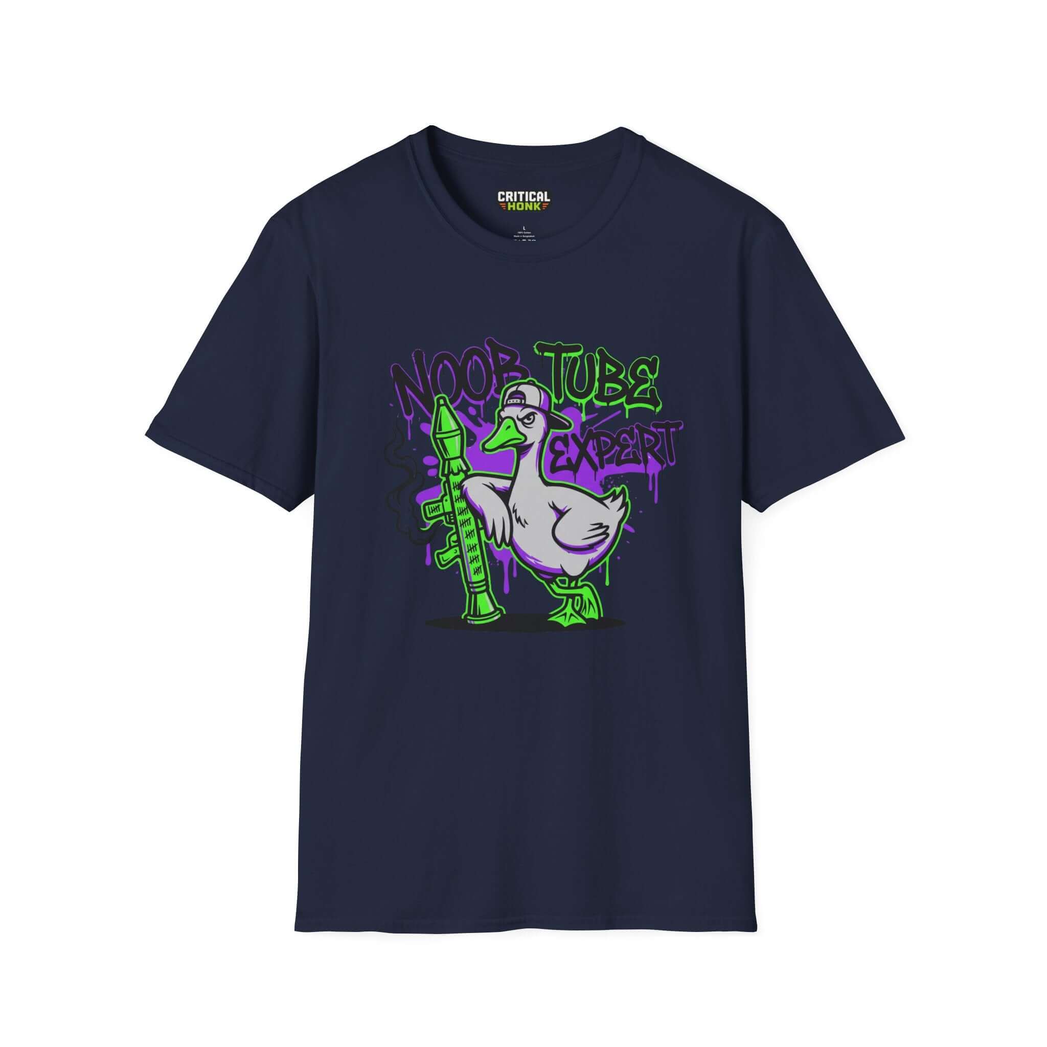 Noob tube T-Shirt featuring a cartoon duck holding a noob tube weapon, in navy color, from Critical Honk Collection.