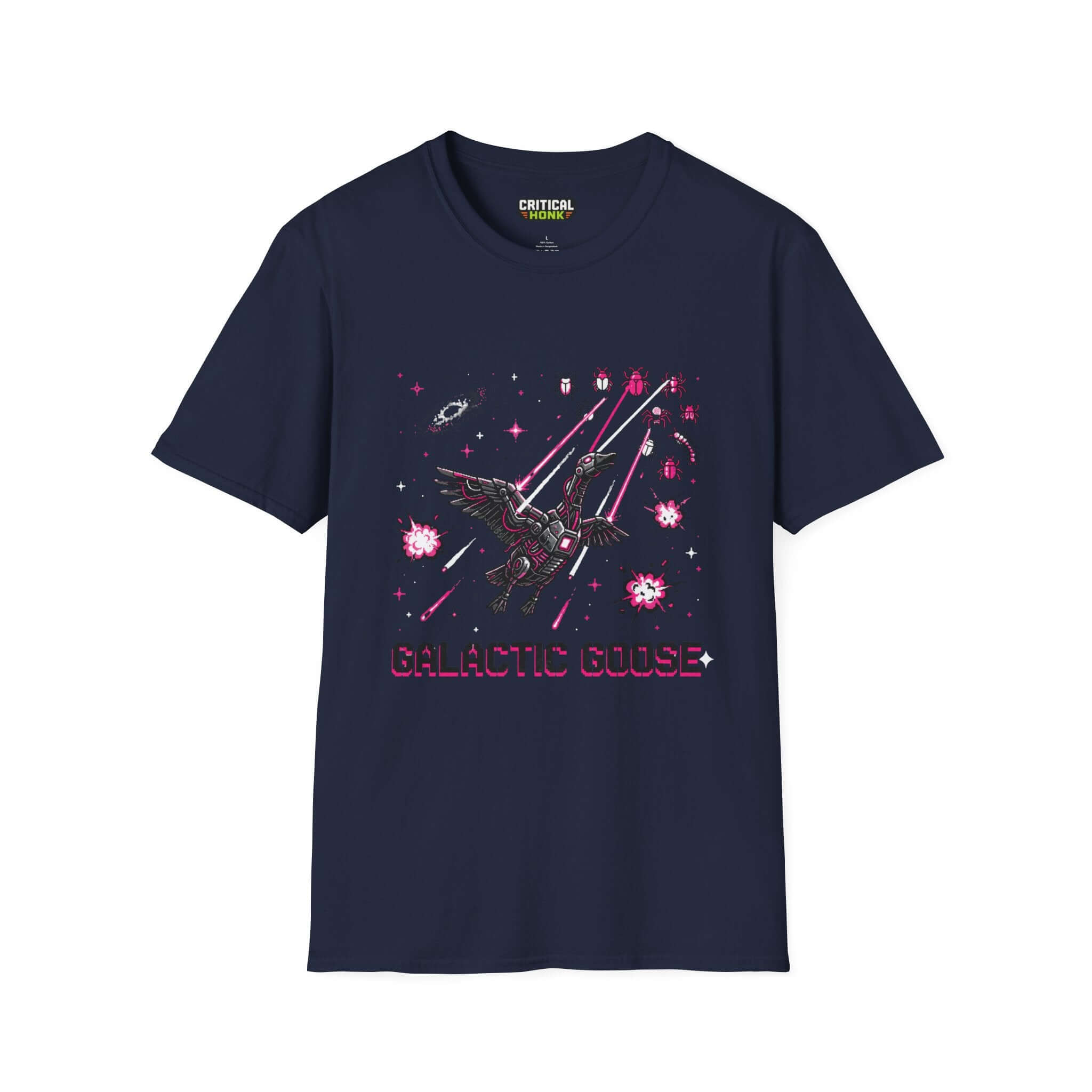 Galactic-goose T-Shirt in navy blue, featuring a graphic design with a cosmic-themed goose and colorful space elements.