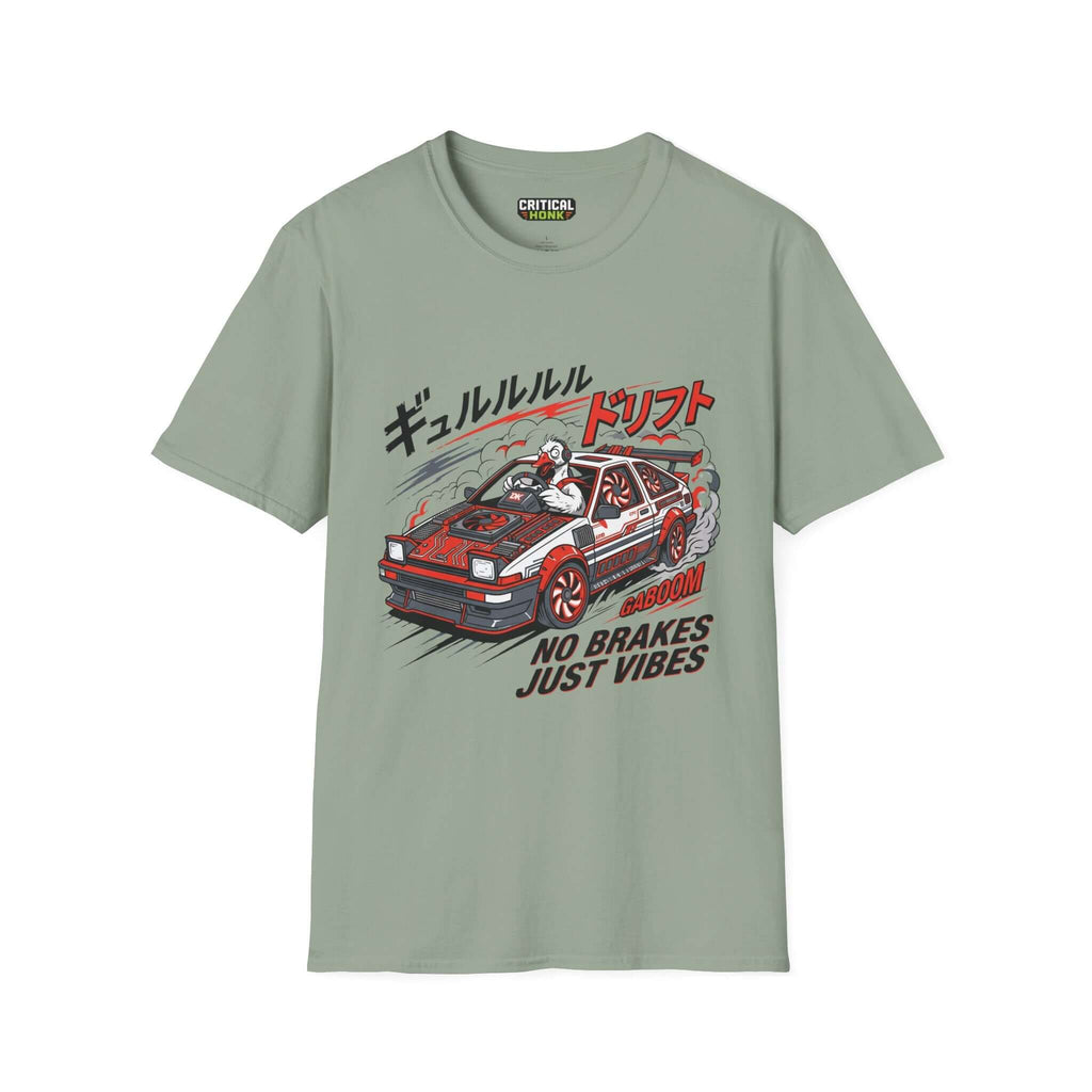 No brakes T-Shirt in sage color by Critical Honk featuring a cool car graphic and slogan.