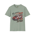 No brakes T-Shirt in sage color by Critical Honk featuring a cool car graphic and slogan.