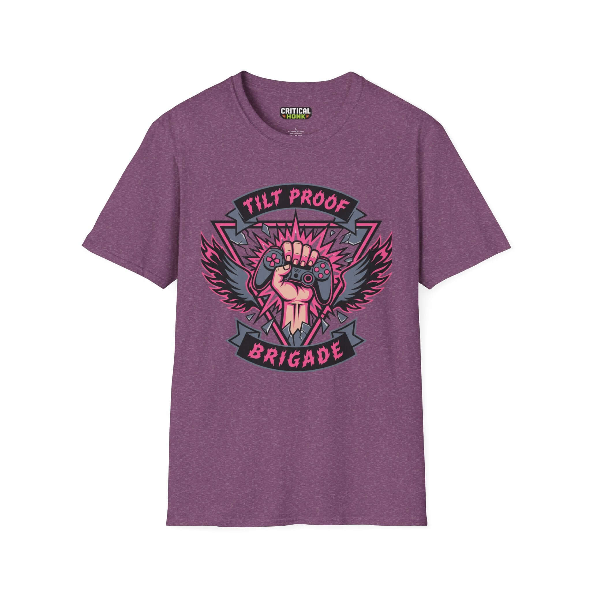 Proof brigade T-Shirt in Heather Maroon featuring a Tilt Proof design with gaming controller and wings.