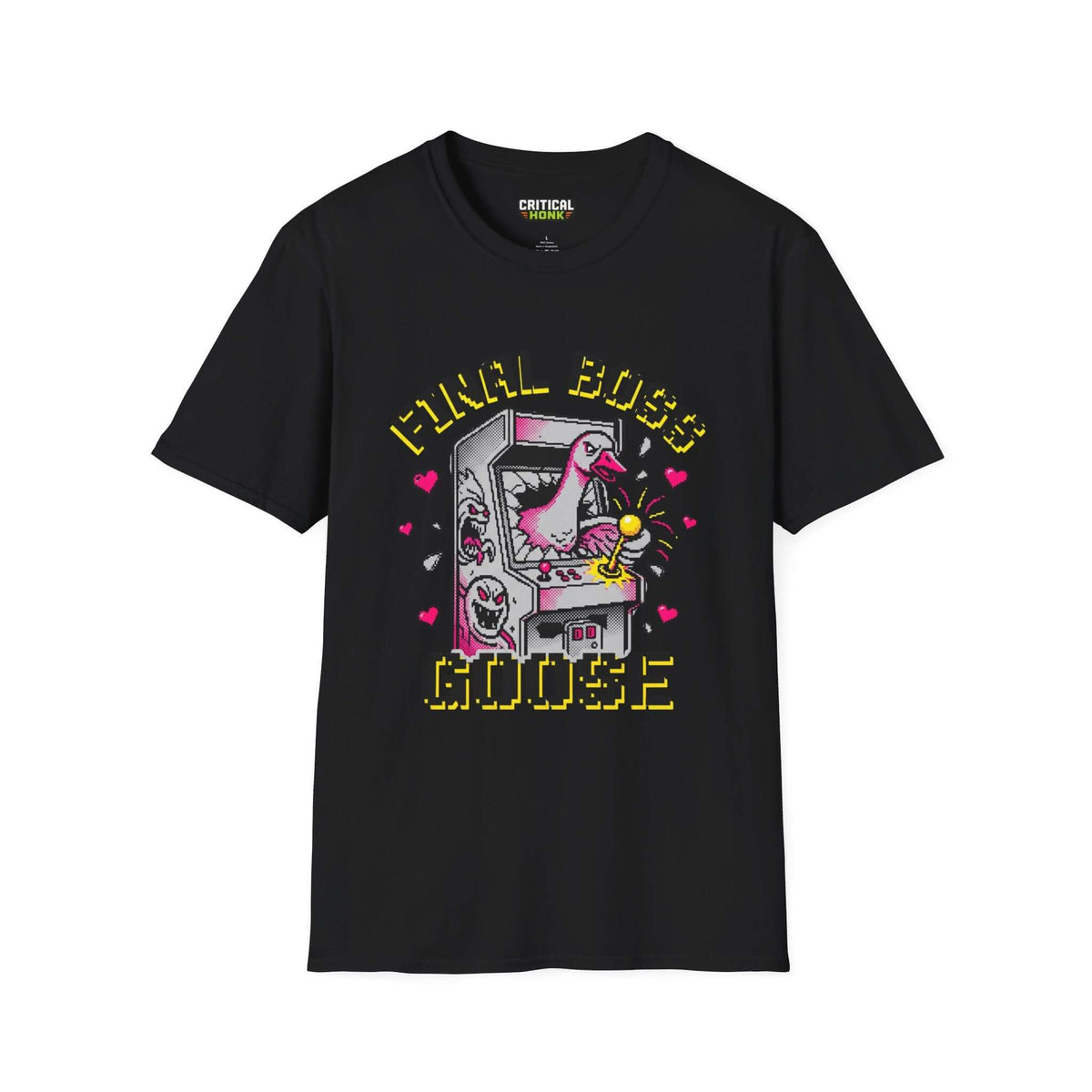 Final-boss-goose T-Shirt featuring playful arcade design on black fabric, part of the Critical Honk Collection.