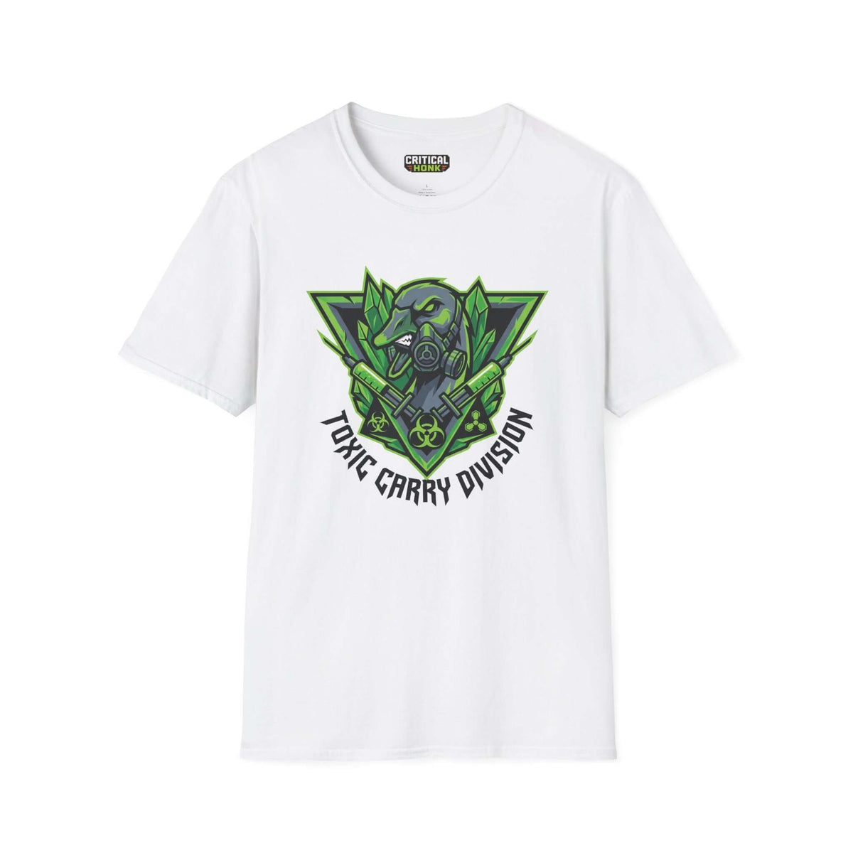 Toxic carry T-Shirt featuring green graphic design on a white Gildan Softstyle fabric, perfect for unisex wear.