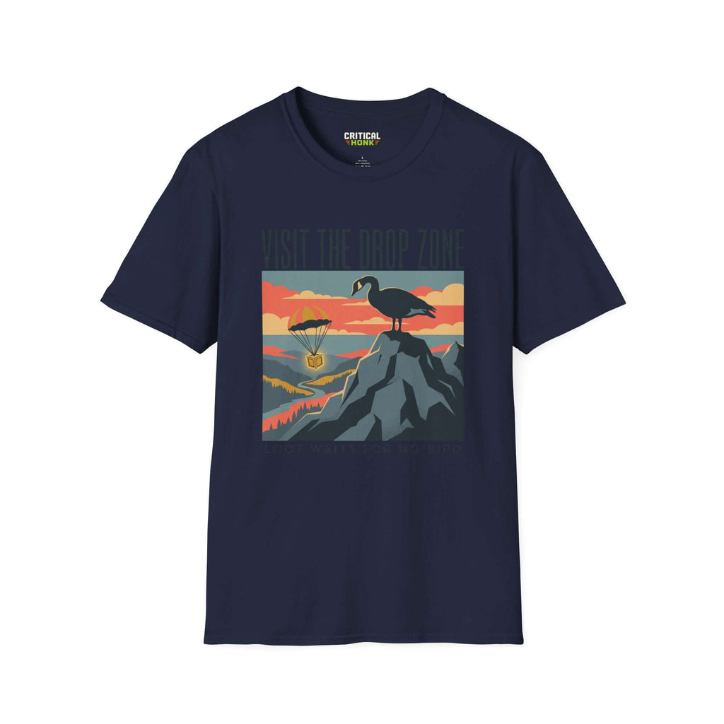 Visit the drop zone T-Shirt in navy featuring a graphic with a bird and parachute, made of soft 100% ring-spun cotton.