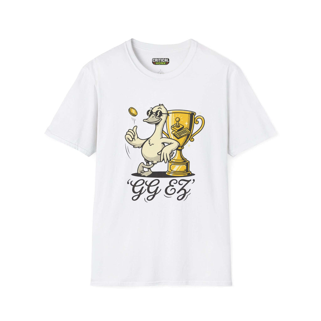 Ggez T-Shirt featuring a cartoon duck and trophy design on a white Gildan Softstyle shirt.