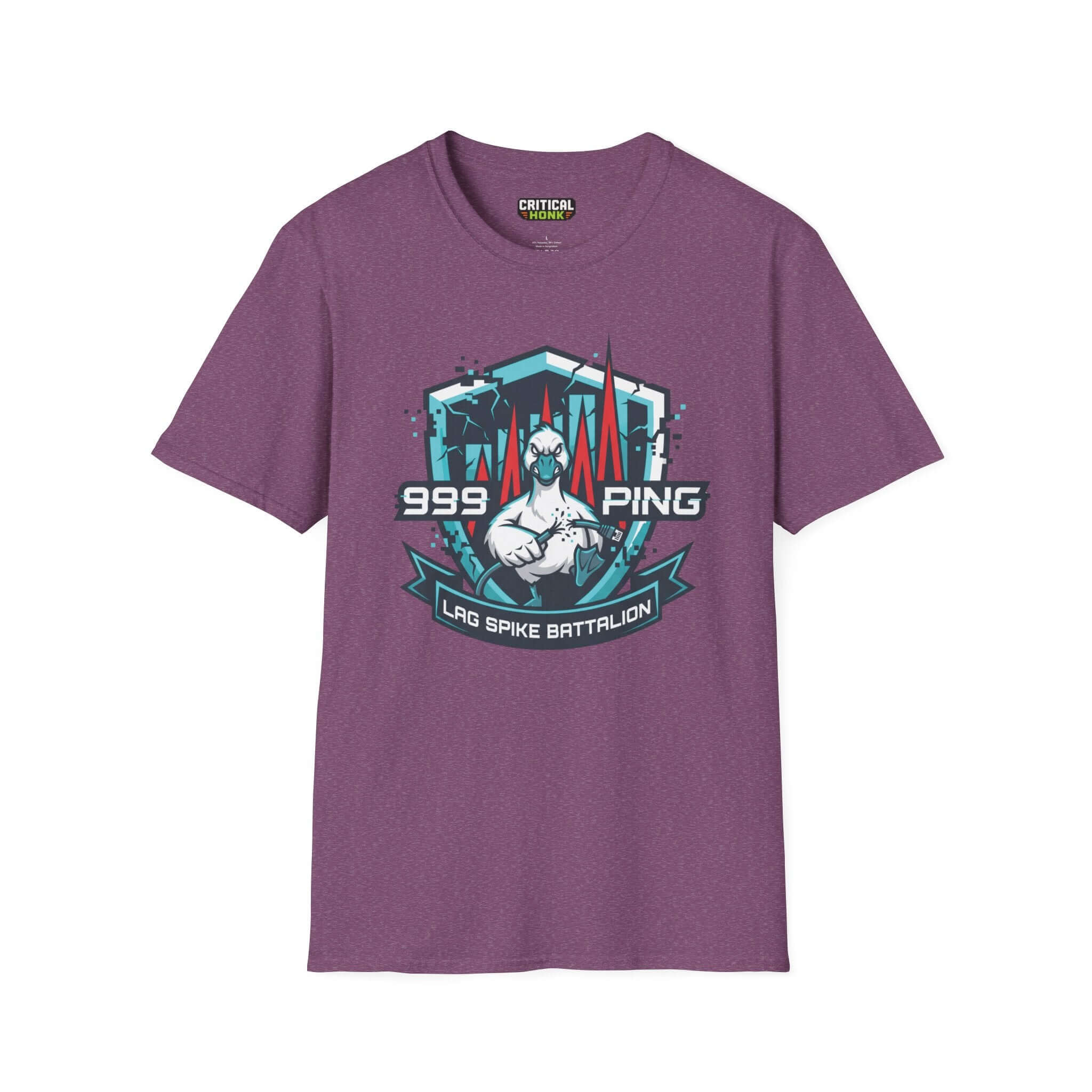 Lag spike T-Shirt in Heather Maroon featuring 999 Ping design from the Critical Honk Collection.