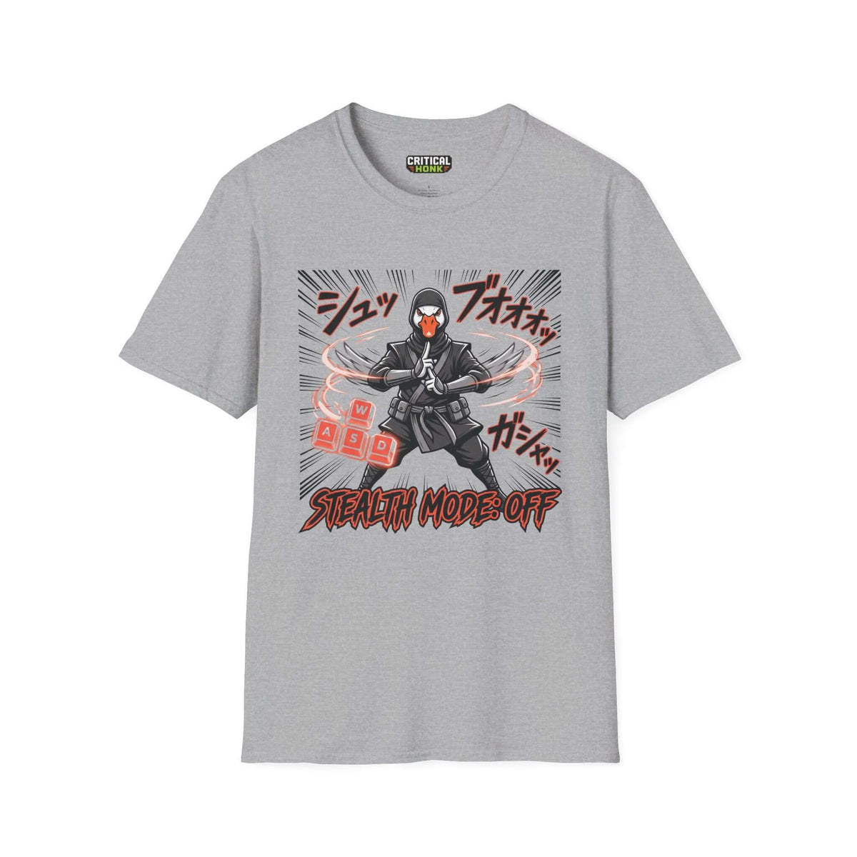 Stealth mode off T-Shirt in Sport Grey, featuring a graphic of an animated character with gaming elements.