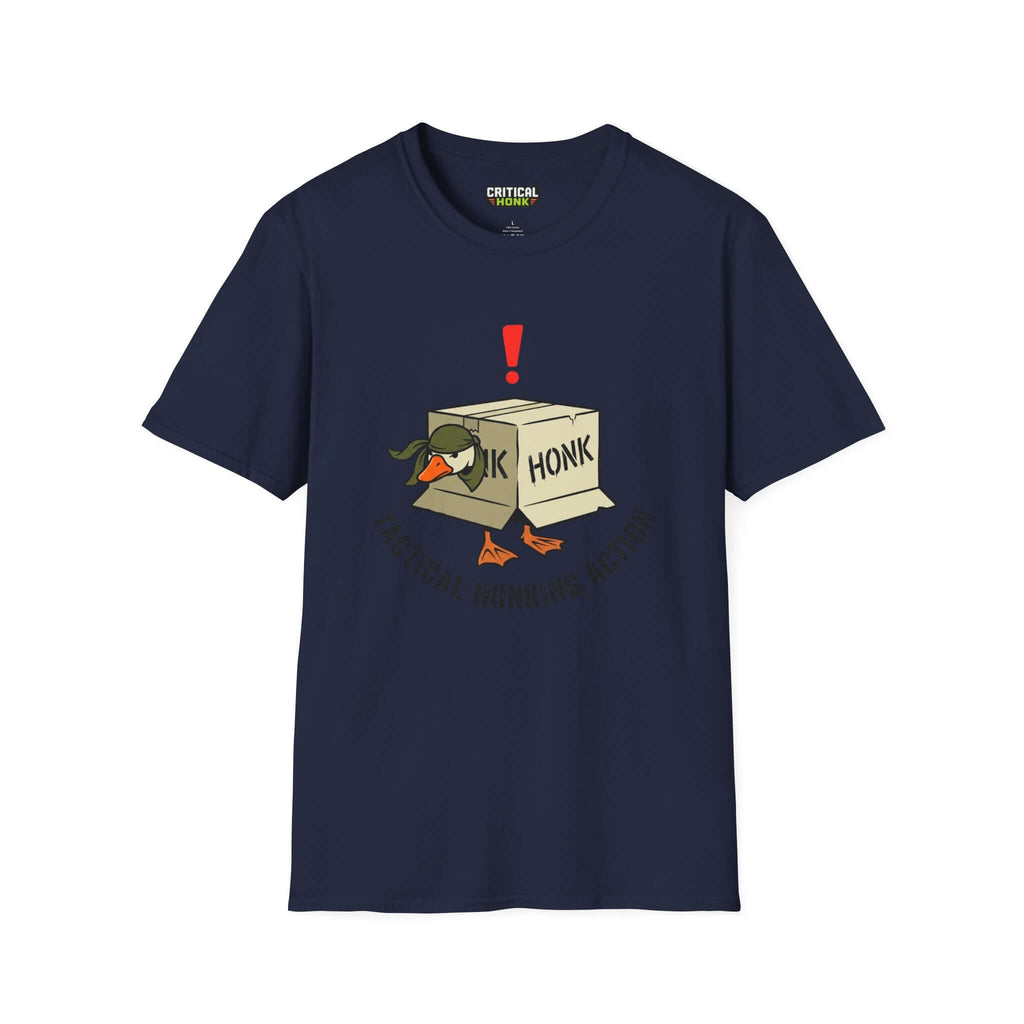 Gildan Softstyle tactical honking action T-Shirt in navy featuring a humorous duck design.