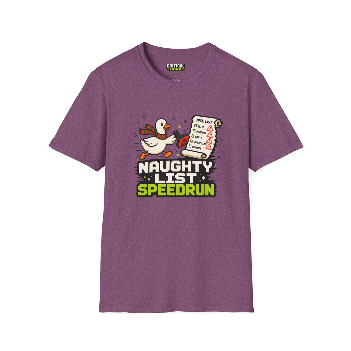 Naughty list speedrun T-Shirt in Heather Maroon color with cartoon duck graphic, made from soft 100% ring-spun cotton.