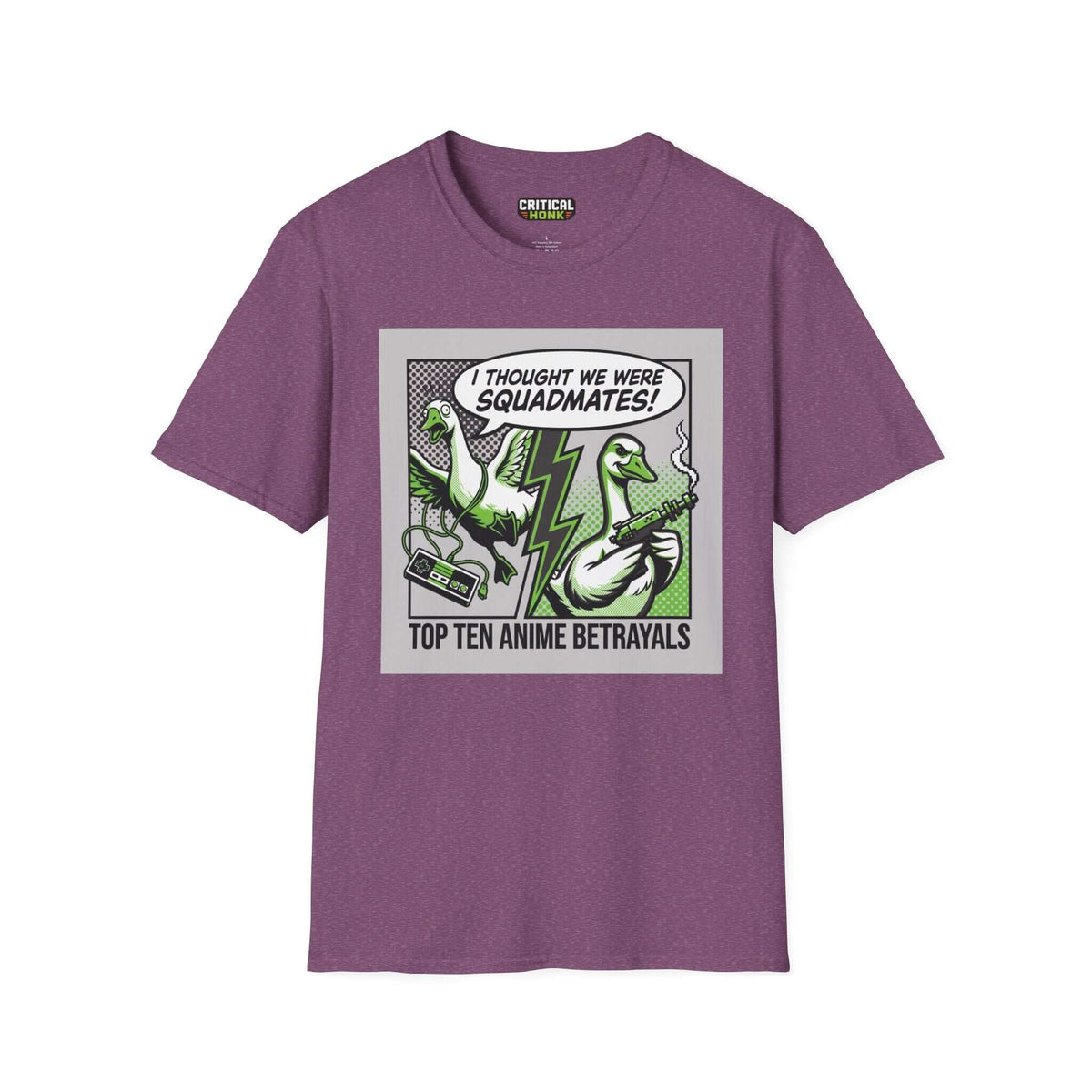 Anime betrayals T-Shirt in Heather Maroon featuring playful illustration with ducks and text about anime betrayals.