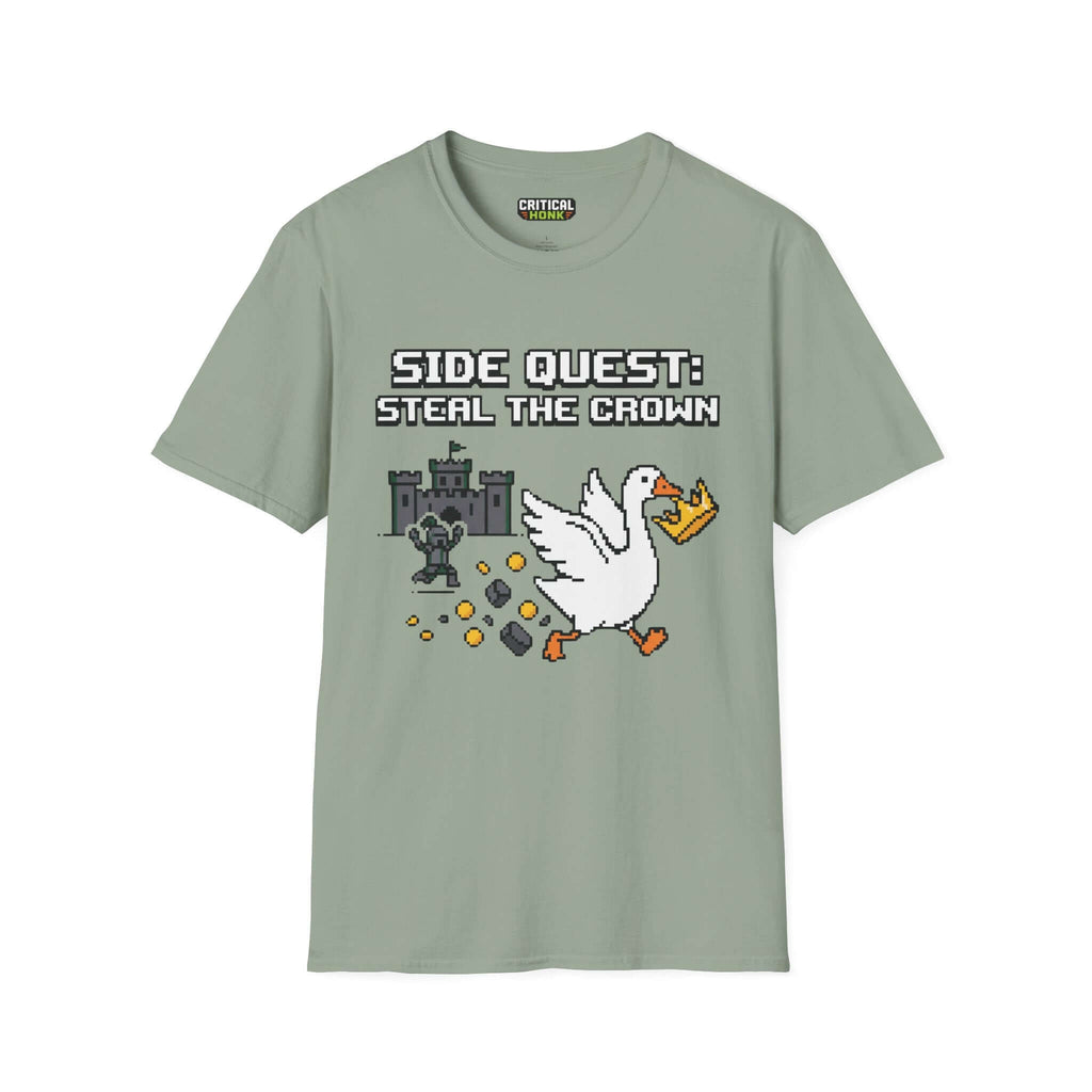 Side Quest T-Shirt in sage color featuring a pixel art goose stealing a crown, part of Critical Honk's Chaos Inspired Apparel.