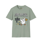 Side Quest T-Shirt in sage color featuring a pixel art goose stealing a crown, part of Critical Honk's Chaos Inspired Apparel.