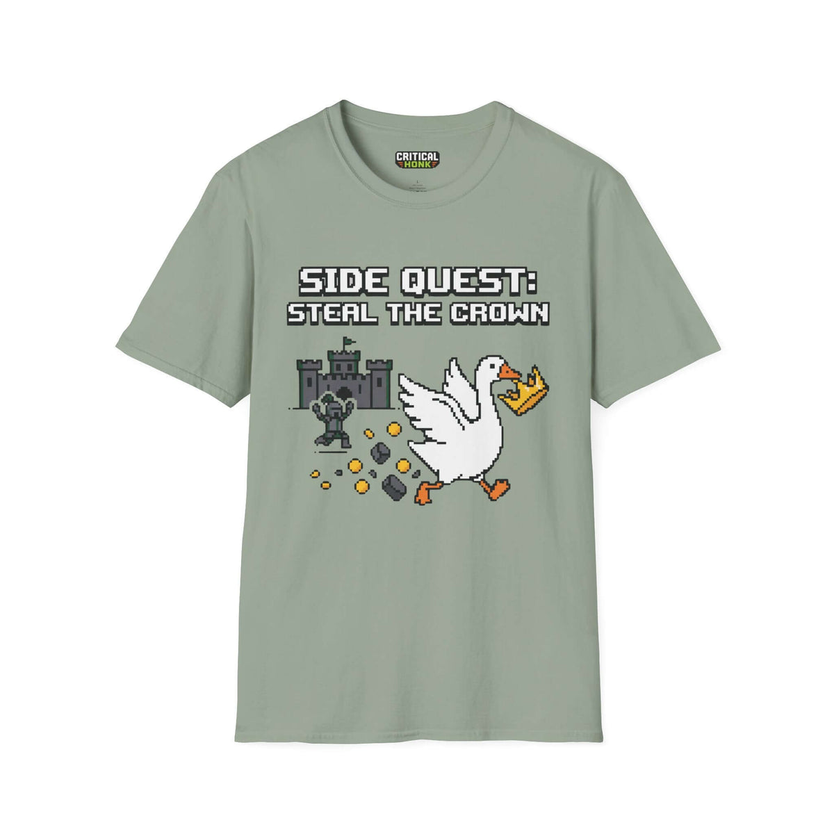 Side Quest T-Shirt in sage color featuring a pixel art goose stealing a crown, part of Critical Honk's Chaos Inspired Apparel.