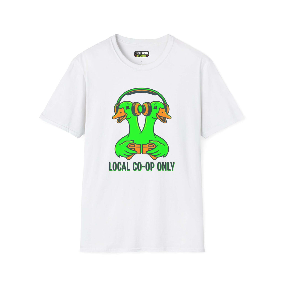Co-op only T-Shirt featuring colorful duck design on a white Gildan Softstyle shirt for gamers.