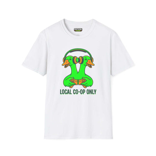 Co-op only T-Shirt featuring colorful duck design on a white Gildan Softstyle shirt for gamers.