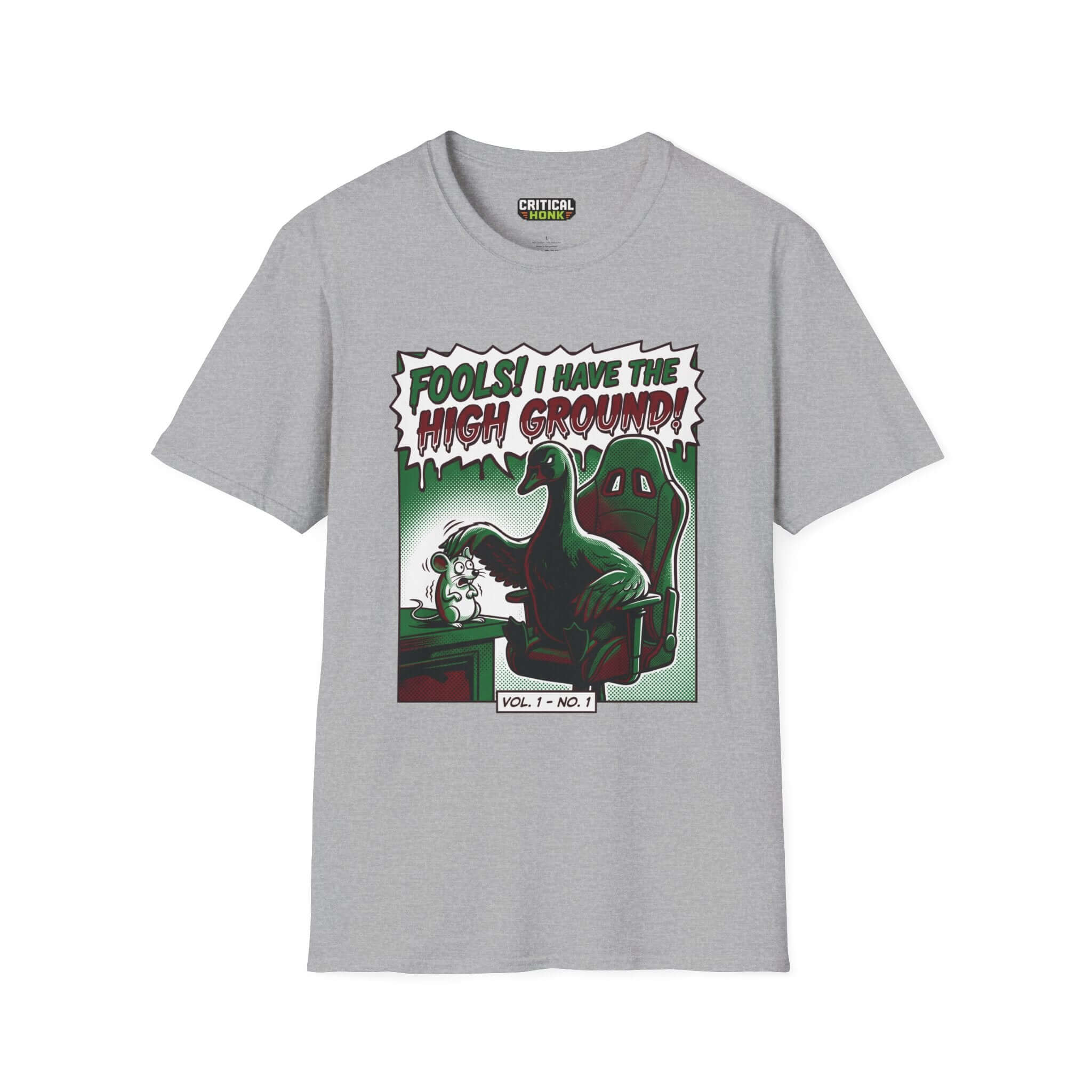 High ground T-Shirt in Sport Grey color featuring a dinosaur graphic with a humorous quote.