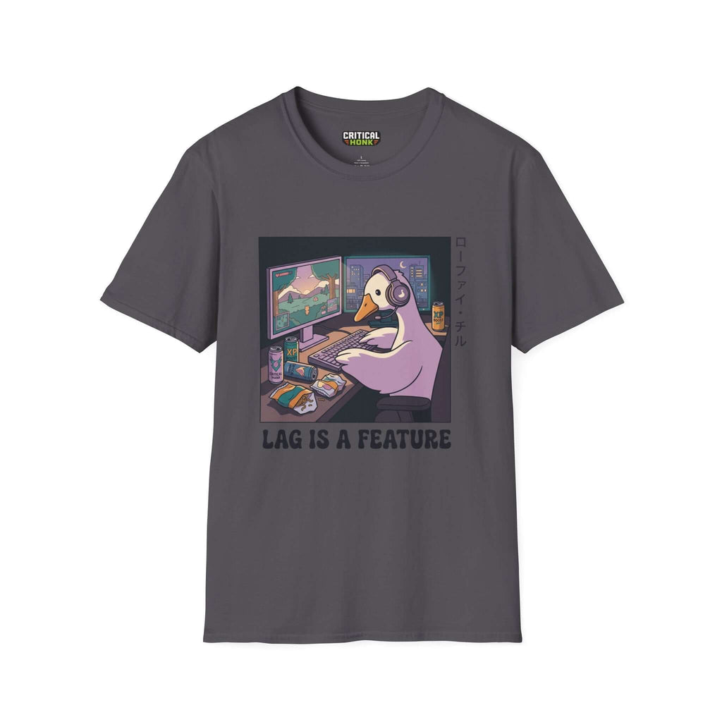 Lag is a feature T-Shirt in charcoal color featuring a gaming duck graphic design.