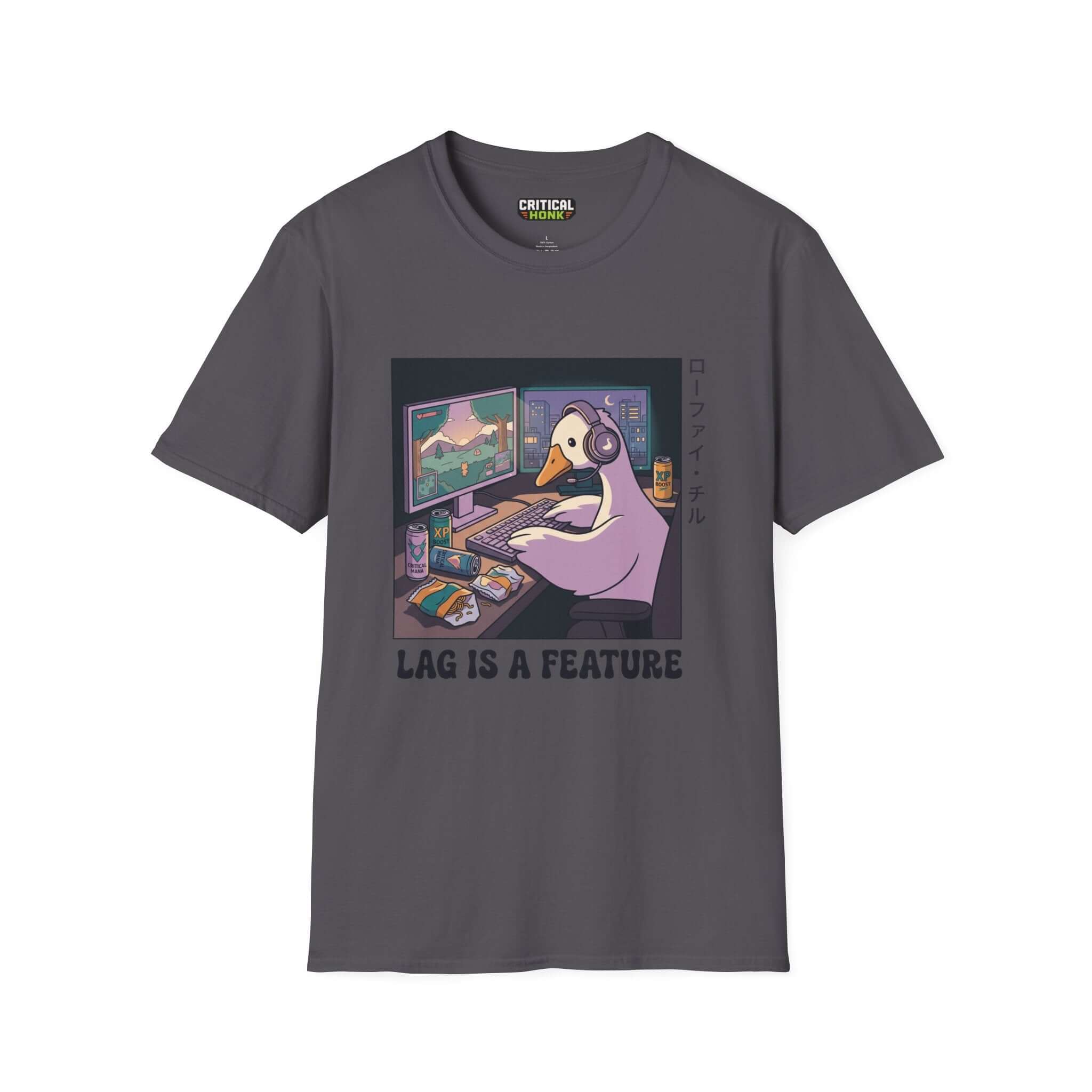 Lag is a feature T-Shirt in charcoal color featuring a gaming duck graphic design.