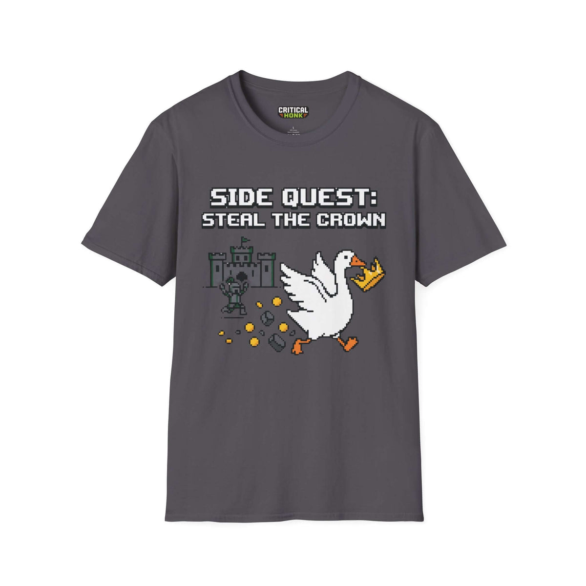 Side Quest T-Shirt featuring a humorous design of a goose stealing a crown on a charcoal Gildan softstyle shirt.